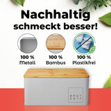 LUMALAND Cuisine Brotkasten aus Metall mit Bambus Deckel, rechteckig, 30,5x23,5x14 cm, hellgrau, plastikfrei und nachhaltig.