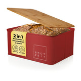 LUMALAND Cuisine Brotkasten aus Metall mit Bambus Deckel, rechteckig, rot, 30,5 x 23,5 x 14 cm, 2in1 Brotkasten und Schneidebrett.
