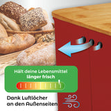 LUMALAND Cuisine Brotkasten aus Metall mit Bambus Deckel, rechteckig, rot, mit Luftlöchern für bessere Frischhaltung.