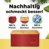 LUMALAND Cuisine Brotkasten aus Metall mit Bambus Deckel, rechteckig 30,5x23,5x14 cm in Rot, plastikfrei und nachhaltig.