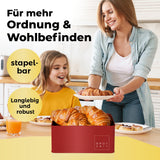 LUMALAND Cuisine Brotkasten aus Metall mit Bambus Deckel, rot, platzsparend, robust, mit Schneidebrett und Luftzirkulation, 30,5 x 23,5 x 14 cm.