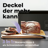 LUMALAND Cuisine Brotkasten aus Metall mit Bambus Deckel, 2 in 1 Deckel als Schneidebrett und Boxverschluss, schwarz, 30,5 x 23,5 x 14 cm.