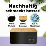 LUMALAND Cuisine Brotkasten aus Metall mit Bambus Deckel, rechteckig, schwarz, platzsparend, nachhaltig und plastikfrei.