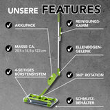 Swivel Sweeper G 2 Akkubesen kabellos mit 4 rotierenden Bürsten, 360° Rotation, Akku, Reinigungskamm und Schmutzbehälter in Limegreen.