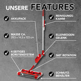Swivel Sweeper G 2 Akkubesen kabellos mit 4 rotierenden Bürsten, 360° Rotation, Akku, Ellenbogengelenk und Schmutzbehälter in Rot.