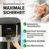 GOURMETmaxx Heißluftfritteuse 6,2 l mit Timer, 8 Programmen, 9 Funktionen, Cool-Touch-Technologie und automatischer Abschaltfunktion für Sicherheit.