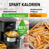GOURMETmaxx Heißluftfritteuse 6,2 l mit Timer und 8 Programmen spart bis zu 80% Fett beim Frittieren von Pommes.