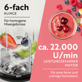 GOURMETmaxx Nutrition Mixer - 4-tlg. mit 6-fach Klinge und 22.000 U/min für feine, cremige Smoothies und Mixergebnisse.