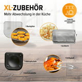 GOURMETmaxx Heißluftfritteuse 12 l mit XL-Zubehör wie Grillkorb, Drehspieß, Backgitter und Abtropfschale.