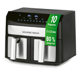 GOURMETmaxx Doppelkammer-Heißluftfritteuse 2x3,5L mit 10 Programmen, Timer, 2400 W und 80% weniger Fett.