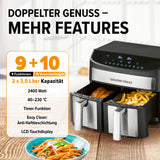 GOURMETmaxx Doppelkammer-Heißluftfritteuse 2x3,5L mit Timer, 10 Programmen, 2400 W, LCD-Touchdisplay und Anti-Haftbeschichtung.