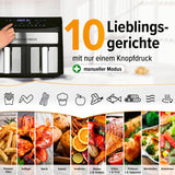 GOURMETmaxx Doppelkammer-Heißluftfritteuse 2x3,5L mit 10 Programmen für fettarmes Frittieren und vielseitige Zubereitung.
