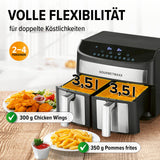 GOURMETmaxx Doppelkammer-Heißluftfritteuse 2x3,5L mit Timer, 10 Programmen und 2400 W für fettarmes Doppelgaren.