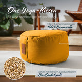 #DoYourYoga Yoga-Kissen Vishnu, rund, currygelb, mit leichtem Bio-Dinkelspelz gefüllt, Bezug aus 100% Baumwolle, waschbar.