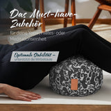 #DoYourYoga Yoga-Kissen Vishnu rund 30x30x15 cm, gefüllt mit Bio-Dinkelspelz, Weiß-Schwarz, waschbarer Baumwollbezug.