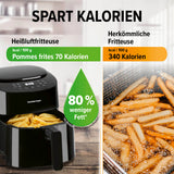GOURMETmaxx Heißluft-Fritteuse Digital 4,5l schwarz spart 80% Fett, Pommes nur 70 Kalorien statt 340 Kalorien wie bei herkömmlicher Fritteuse.