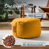 #DoYourYoga Yoga-Kissen Vishnu, rund 30x30x15 cm, currygelb, gefüllt mit Bio-Buchweizenschalen, 100% Baumwolle Bezug, nachhaltig und pflegeleicht.