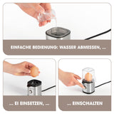 GOURMETmaxx Eierkocher für 1 Ei aus Edelstahl/schwarz mit einfache Bedienung: Wasser abmessen, Ei einsetzen, einschalten für perfektes Frühstücksei.
