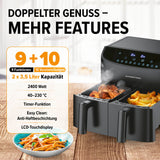 GOURMETmaxx Doppelkammer-Heißluftfritteuse 2x3,5L mit Timer, 10 Programmen, 2400 W und LCD-Touchdisplay für fettarmes Frittieren.