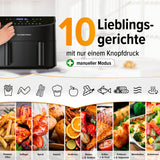 GOURMETmaxx Doppelkammer-Heißluftfritteuse 2x3,5L mit 10 Programmen für fettarmes Frittieren und verschiedene Lieblingsgerichte.