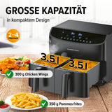 GOURMETmaxx Doppelkammer-Heißluftfritteuse 2x3,5L mit Timer, 10 Programme, 2400 W für fettarmes Frittieren und zwei Garzonen.