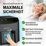 GOURMETmaxx Doppelkammer-Heißluftfritteuse 2x3,5L mit Cool-Touch-Technologie, Abschaltautomatik und rutschfesten Standfüßen für maximale Sicherheit.