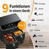 GOURMETmaxx Doppelkammer-Heißluftfritteuse 2x3,5L mit 9 Funktionen zum Frittieren, Grillen, Braten, Backen und mehr.