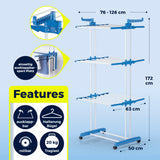 EASYmaxx Wäsche-Tower 1600 mit Rollen, 3 Etagen & 2 Seitenflügeln, einseitig ausklappbar, platzsparend, rollbar, 20 kg Traglast.