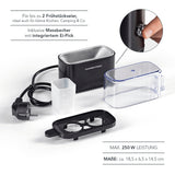 GOURMETmaxx Eierkocher Kompakt 2.0 schwarz matt für 2 Eier mit Messbecher, Ei-Pick und 250W Leistung, kompakt für kleine Küchen.