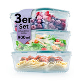 GOURMETmaxx Glas-Frischhaltedosen Klick-it 900 ml, 3er Set, luftdicht, mikrowellen-, gefrier- und spülmaschinengeeignet.