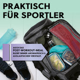 GOURMETmaxx Glas-Frischhaltedosen Klick-it 900 ml im Sporttasche verstaut, aromafrisch und auslaufsicher für Post-Workout-Meal.