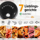 GOURMETmaxx Heißluftfritteuse mit 2,3 l & 1000 Watt zeigt 7 Lieblingsgerichte mit manueller Modusfunktion.