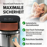 GOURMETmaxx Digitale Heißluftfritteuse mit Touchdisplay & Timerfunktion, sichere Funktionen wie Cool-Touch-Griff und automatischer Abschaltung.