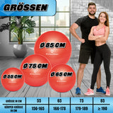 #DoYourFitness Gymnastikball inkl. Ballpumpe - Fitness Sitzball - Rot - 65 cm mit Größenübersicht und zwei Fitnesssportlern.