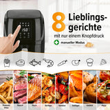 MAXXMEE Heißluft-Fritteuse Digital 3 Liter schwarz mit 8 Programmen für Pommes, Fisch, Fleisch, Gemüse, Shrimps, Geflügel, Gebäck und Pizza.