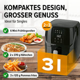 MAXXMEE Heißluft-Fritteuse Digital schwarz mit 3 Liter Fassungsvermögen und 8 Programmen für 2-3 Personen.