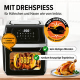 GOURMETmaxx Heißluftfritteuse 12 l mit Drehspieß, Touchdisplay, 1800 W, 360° garen für knusprige Hähnchen ohne Wenden.