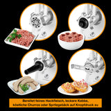 Kochwerk Fleischwolf 4in1 silber/schwarz mit vielseitigem Zubehör für Hackfleisch, Kebbe, Würstchen und Spritzgebäck.