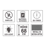 EASYmaxx LED-Dekosäule mit Pflanzschale, kabellos, batteriebetrieben, 6h-Timer, warmweißes LED-Licht, 68 cm hoch, Metall in Beton-Optik grau.