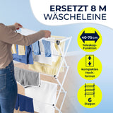 Eine Person hängt Wäsche am EASYmaxx Teleskop-Wäscheständer 800 auf, der mit 8m Trockenlänge, 40–75cm Teleskopfunktion, platzsparendem Design und 6 Trockenebenen in deutscher Beschriftung präsentiert wird.
