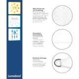 LUMALAND Sonnensegel 100% HDPE mit Stabilisator für UV-Schutz - Quadrat 3 x 3 Meter - Weiß, UV-Schutz, reißfest, rostfreie Ringe