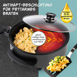 GOURMETmaxx elektrische Partypfanne Ø 30 cm mit Thermostat, Glasdeckel, Antihaftbeschichtung für fettarmes Braten und gleichmäßige Hitzeverteilung.