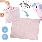 MAXXMEE Verwandlungskissen Glow in the dark Kissen Kopfkissen Fleecedecke 2in1 mit Einhorn-Motiv zum Reisen und Campen