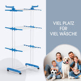 CLEAN Edition Klappbarer Wäscheständer mit 3 Etagen, 24 Aluminiumstangen und 4 Rollen, weiß/blau, platzsparend und mobil.