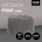 LUMALAND Sitzsack Pouf Cord - Grau, runder Cord-Sitzsack mit 3-in-1-Funktion für bequemes Sitzen, Ablagefläche und Fußablage.