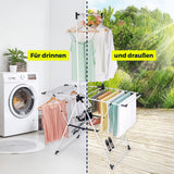 Das geteilte Bild zeigt den EASYmaxx Falt-Wäscheständer 1800 (18 m Trockenlänge): links: Bunte Wäsche trocknet an einer Waschmaschine im Innenbereich; rechts: Wäsche trocknet draußen auf einer Holzterrasse mit Pflanzen. Deutscher Text hebt die Trockenlänge hervor.