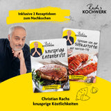 Rachs KOCHWERK Heißluft-Ofen Digital 12l 1700W schwarz mit Rezeptideen für knusprige Entenbrust und Süßkartoffelspiralen.