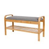 LUMALAND - Schuhregal aus Bambus mit Sitzbank in Grau, 90x50x30 cm, modernes Bambus-Design, stabile Ablage und bequemes Sitzkissen.