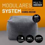 LUMALAND Modularer Sitzsack-Hocker aus der Cord-Reihe, 54x54x40 cm - Bezug soft & waschbar - Grau, vielseitig und bequem.