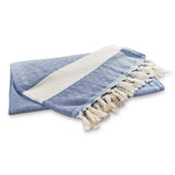 LUMALAND Baumwolldecke / Tagesdecke aus 100 % Baumwolle - ca. 200 x 240 cm - Marineblau mit Fransen und feinem Muster.